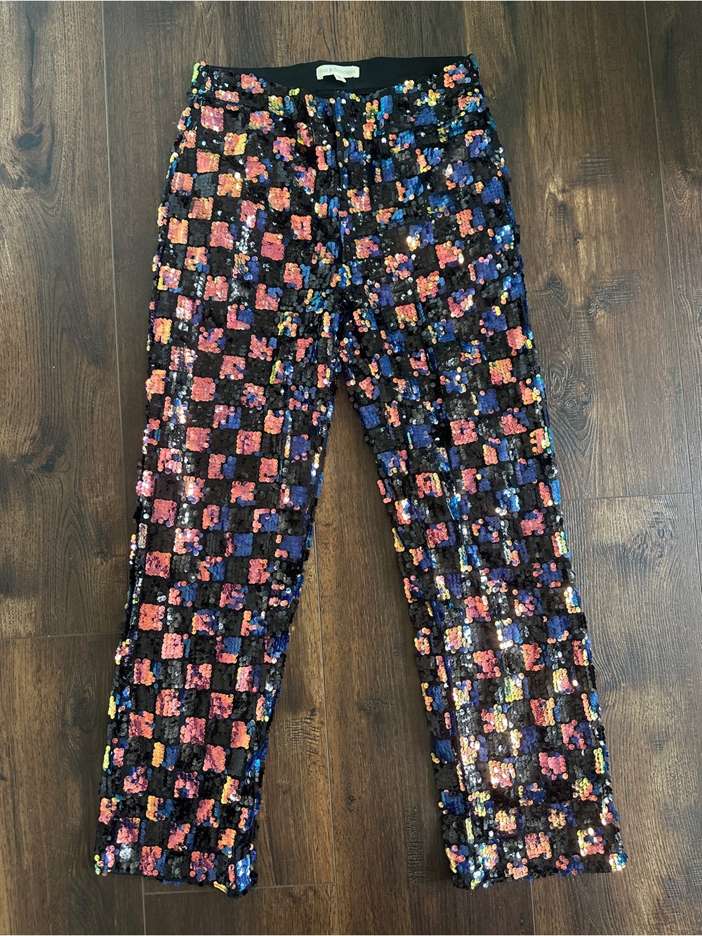 Hot & Delicious Girls' Sequin Checkered Pants - Black with Purple & Blue Accents